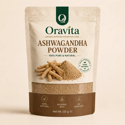 Oravita Calm Root – Pure Ashwagandha Powder in a 120g pouch, featuring ashwagandha roots and a natural, earthy design.