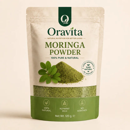 Oravita Green Rise – Pure Moringa Leaf Powder in a 120g pouch, featuring green powder and natural leaf graphics.