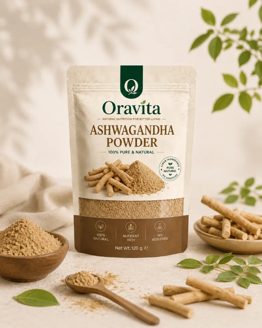 Oravita Calm Root – Pure Ashwagandha Powder in a 120g pouch, with roots and powder displayed on a neutral background.